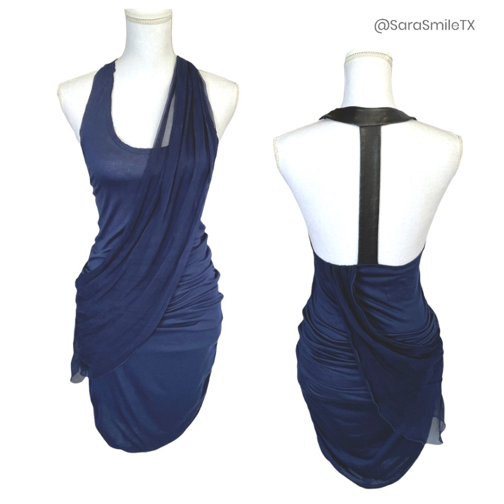 ALICE + OLIVIA Navy Blue Silk Sash Fitted Leather T-Back Mini Dress - RARE